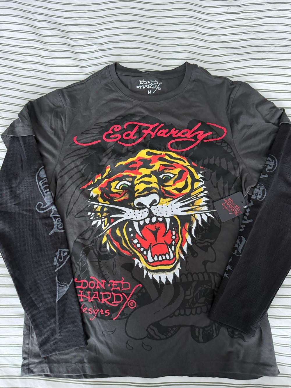 Ed Hardy Tiger Graphic Layered Long Sleeve Shirt Men’s M NWT